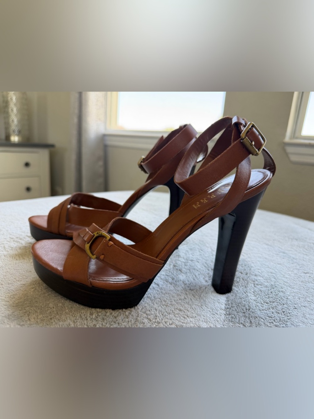 Ralph Lauren Brown Leather Platform Heels with Gold Buckles